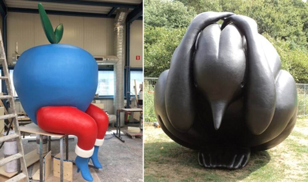 Een appel op hoge hakken en een angstig koijn. De sculpturen zijn ontworpen door Piet Parra. De uitvergrotingen werden door Blowups gemaakt.